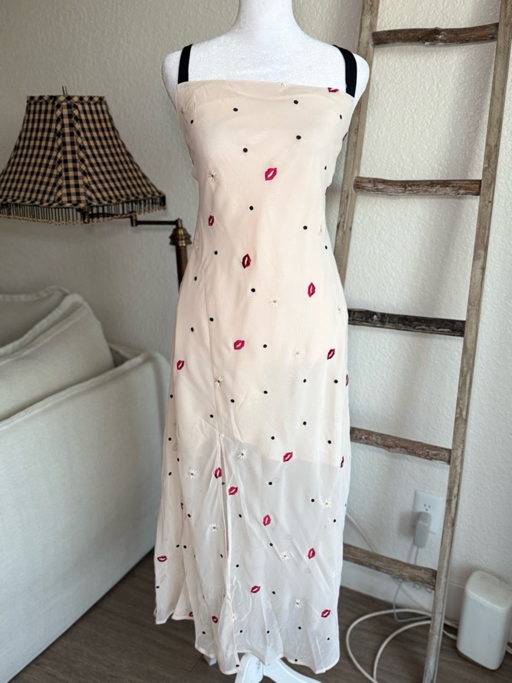 Beige Embroidered Slip Dress with Lips & Daisies